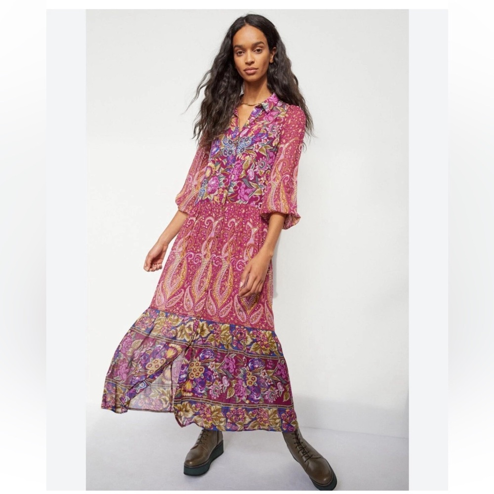 Anthropologie Nikole Maxi Shirtdress XS Paisley Floral Boho